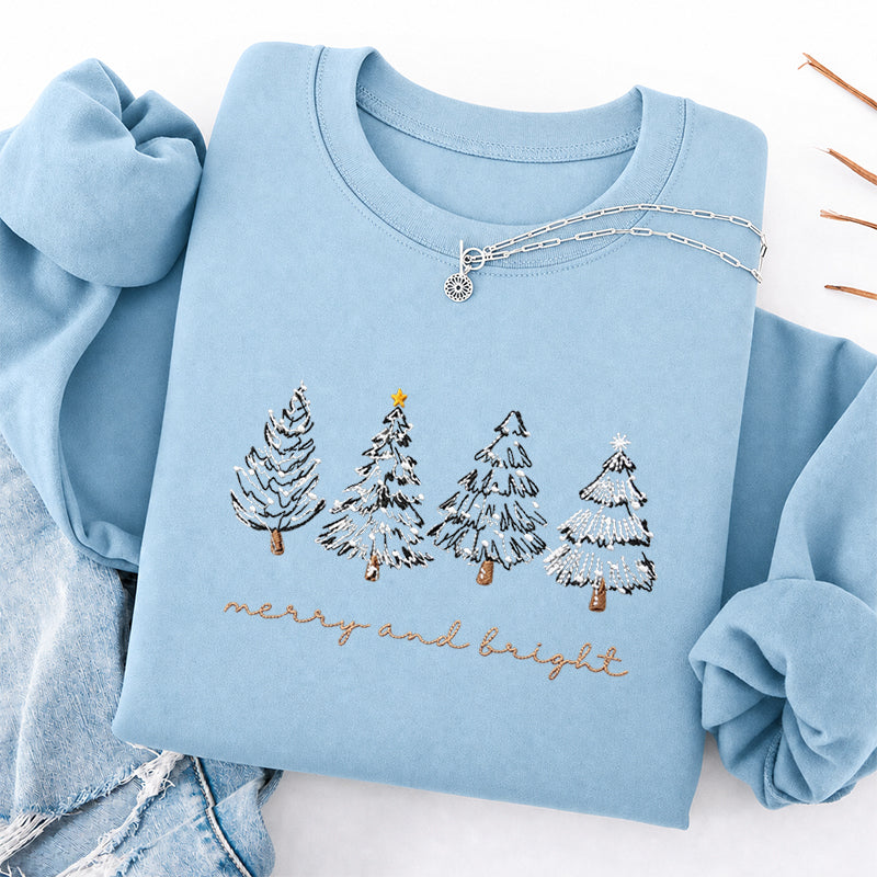 Embroidered Merry & Bright Christmas Tree Classic Crewneck Sweatshirt