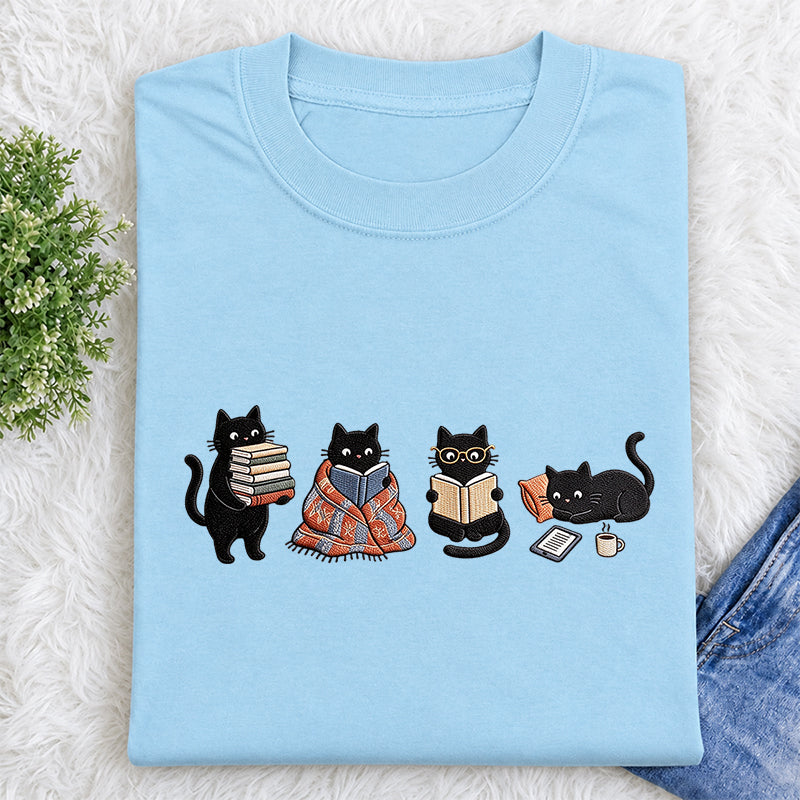 Embroidered Bookish Black Cats Classic Crew Neck T-Shirt