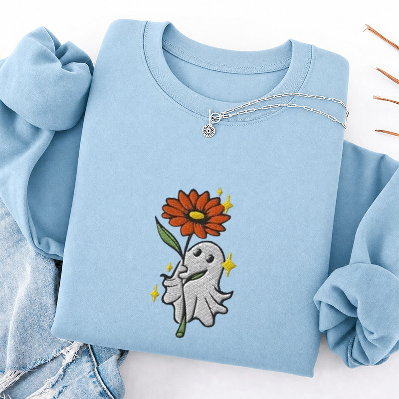Embroidered Ghost Holding a Flower Classic Crewneck Sweatshirt