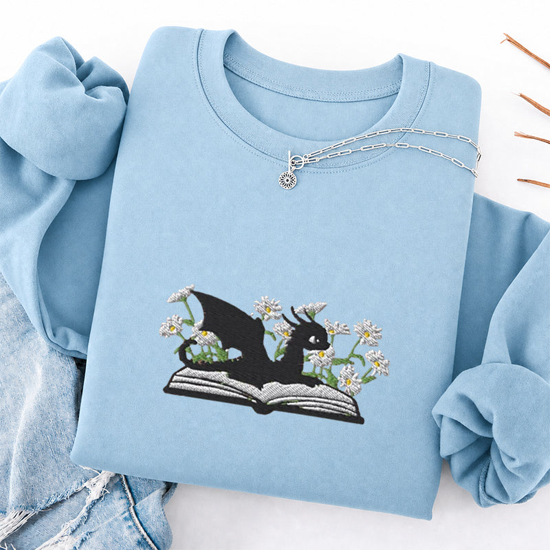 Embroidered Floral Dragon Book Classic Crewneck Sweatshirt