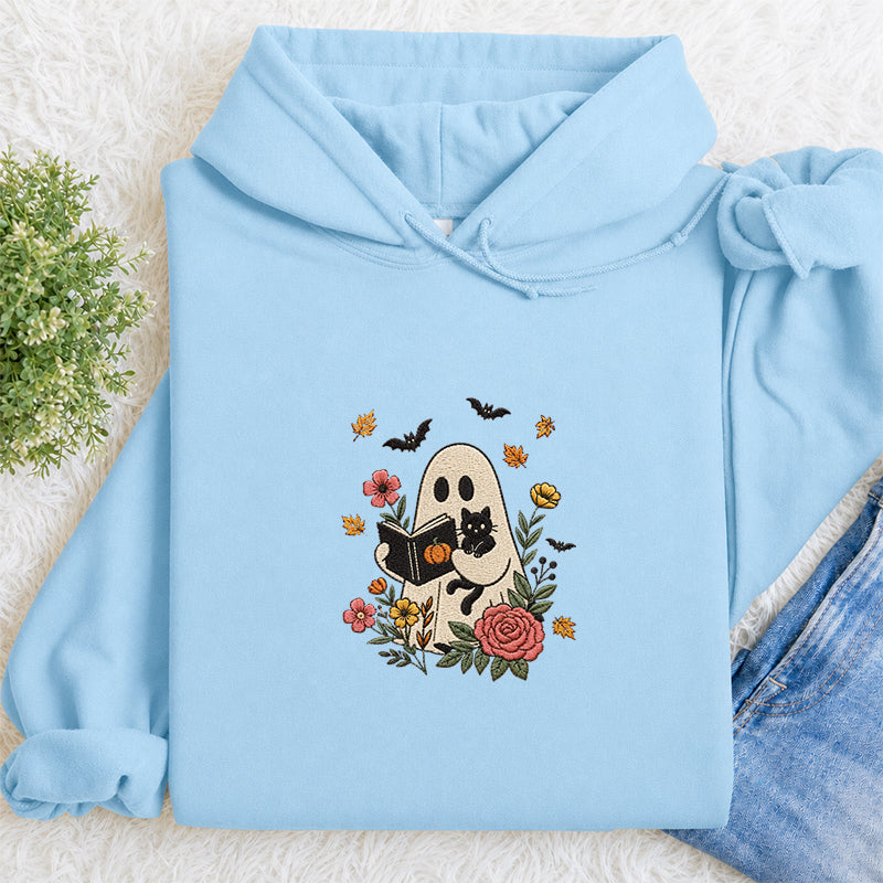 Embroidered Floral Ghost Reading Classic Adult Unisex Hoodie