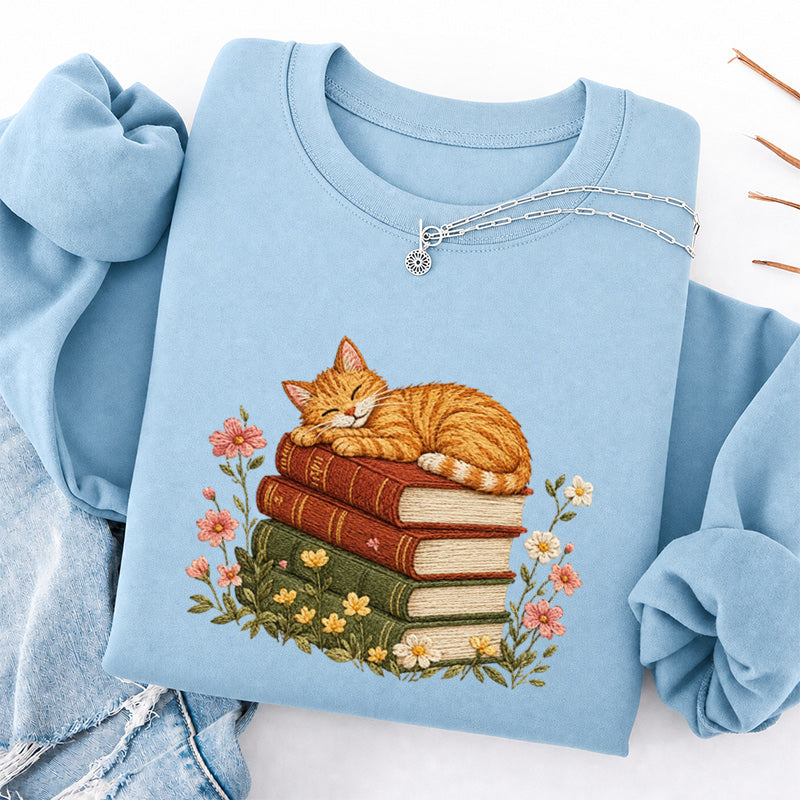 Embroidered Cat Sleeping On Books Classic Crewneck Sweatshirt