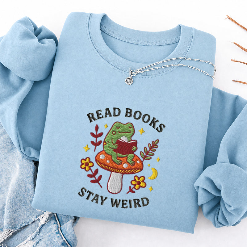 Embroidered Read Books Stay Weird Reading Frog Classic Crewneck Sweatshirt