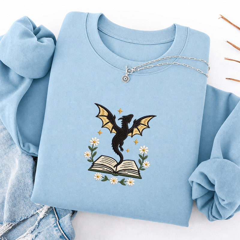 Embroidered Dragon Floral Book Classic Crewneck Sweatshirt