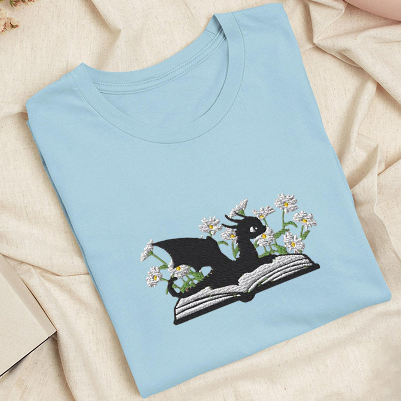 Embroidered Floral Dragon Book Classic Adult Unisex Crew Neck T-Shirt