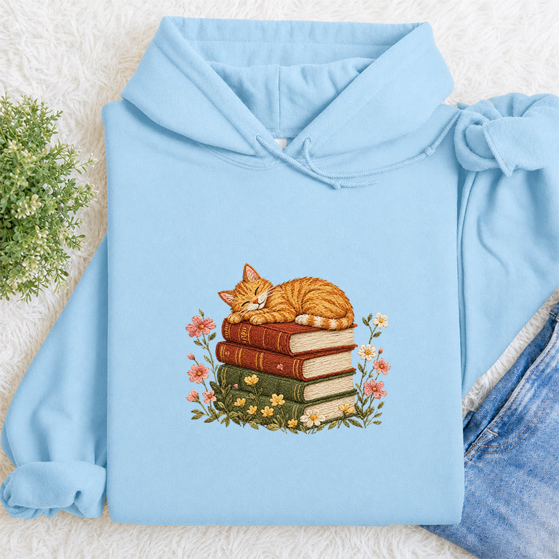 Embroidered Cat Sleeping On Books Classic Adult Unisex Hoodie