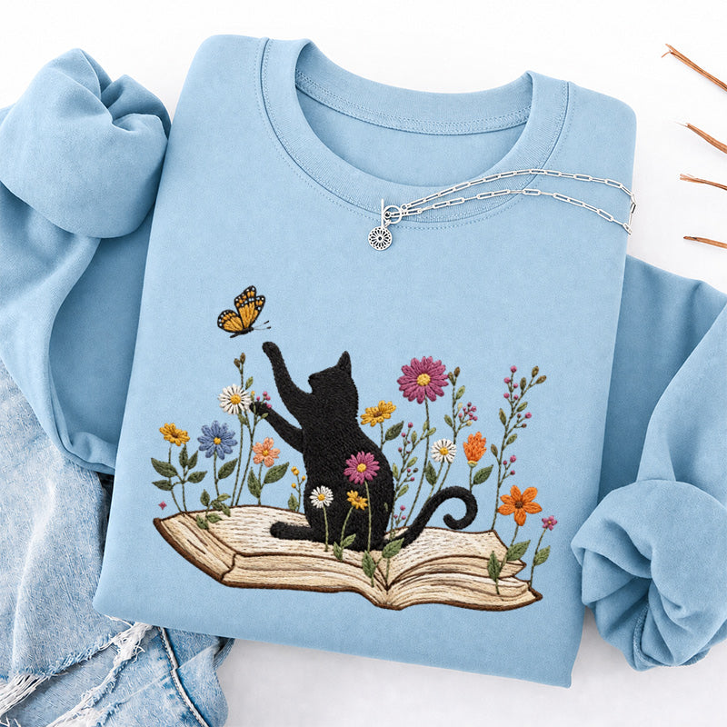 Embroidered Floral Book Cat Classic Crewneck Sweatshirt