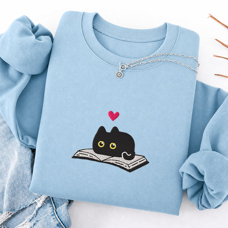 Embroidered Black Cat And Book Classic Crewneck Sweatshirt