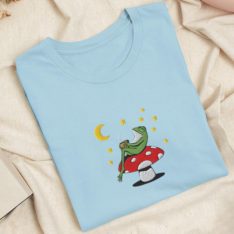 Embroidered Frog Night With Coffee Classic Adult Unisex Crew Neck T-Shirt
