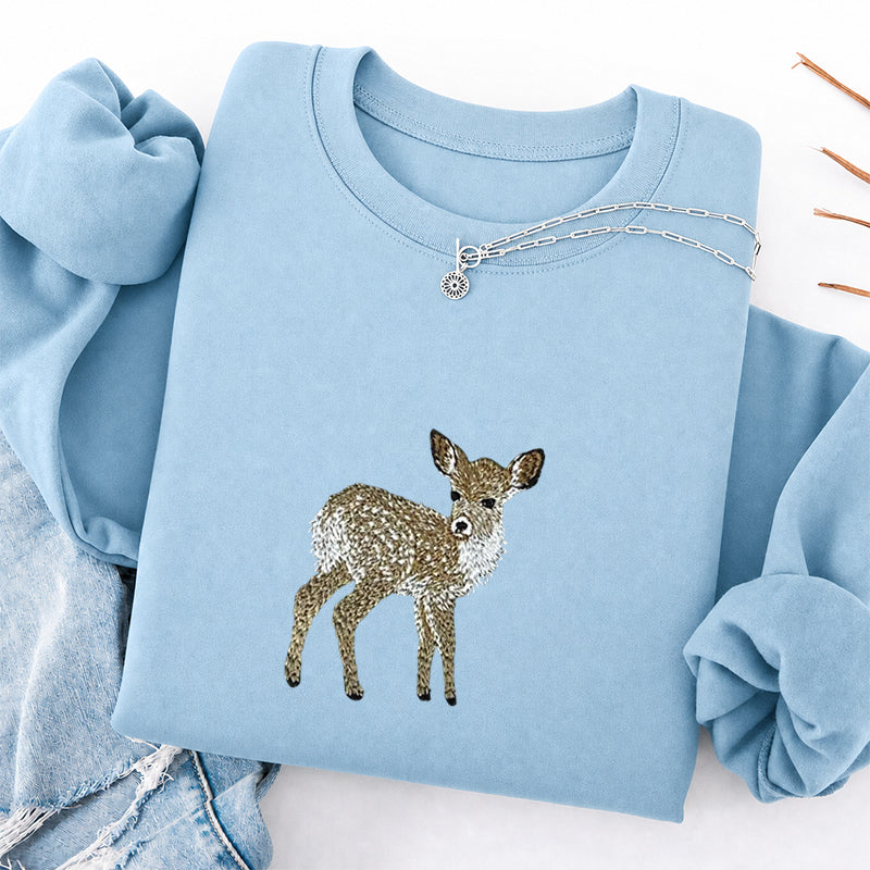 Embroidered Forest Deer Classic Crewneck Sweatshirt