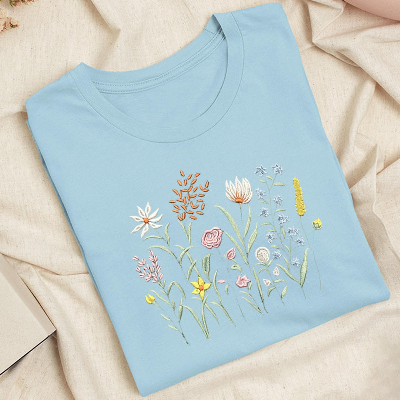Embroidered Cute Wildflowers Classic Adult Unisex Crew Neck T-Shirt