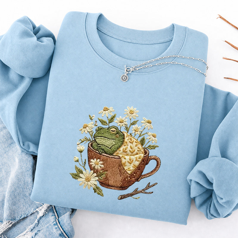 Embroidered Frog in Teacup Classic Crewneck Sweatshirt