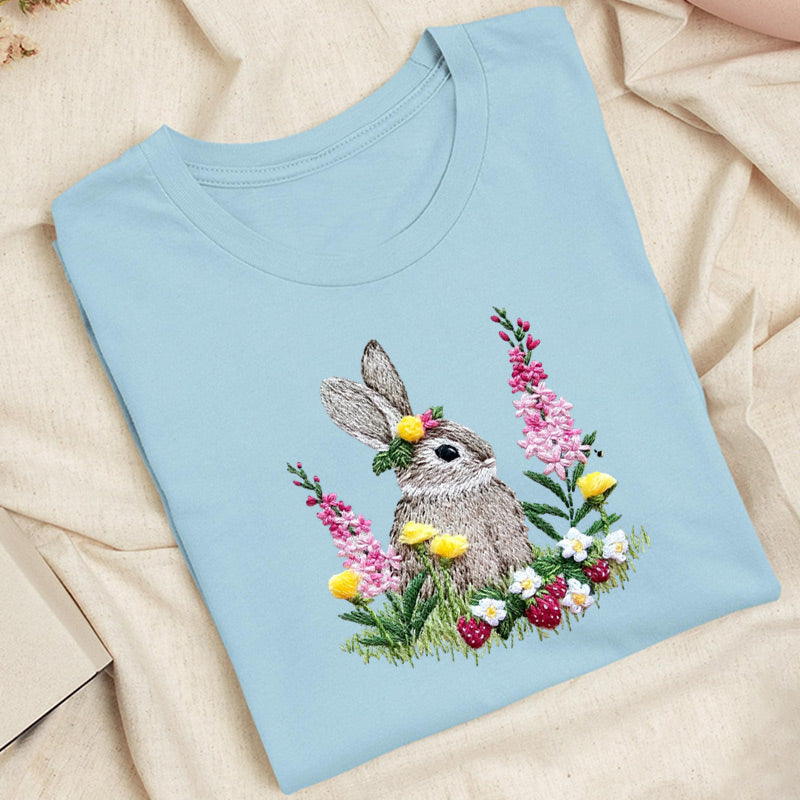 Embroidered Rabbit and Strawberries Classic Adult Unisex Crew Neck T-Shirt