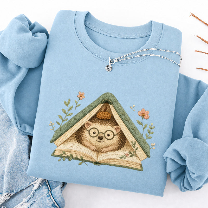 Embroidered Hedgehog Book Flower Classic Crewneck Sweatshirt