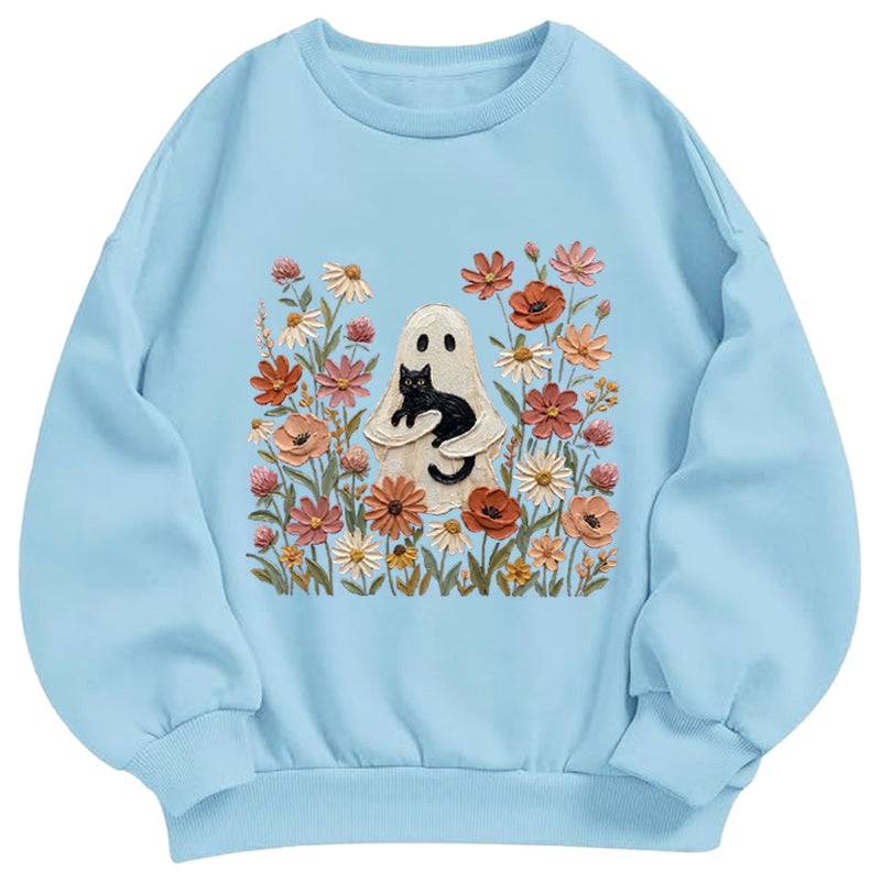Ghost with Black Cat Floral Classic Adult Unisex Crewneck Sweatshirts