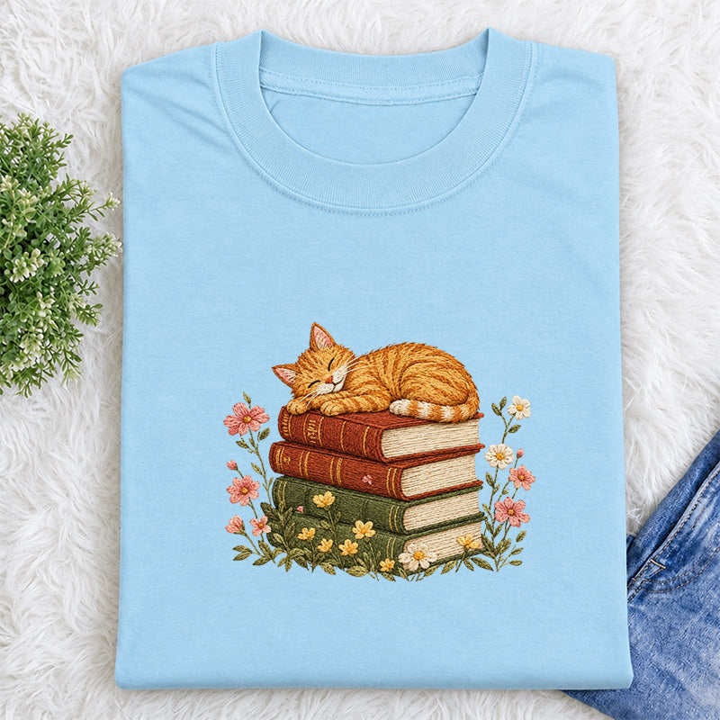 Embroidered Cat Sleeping On Books Classic Crew Neck T-Shirt