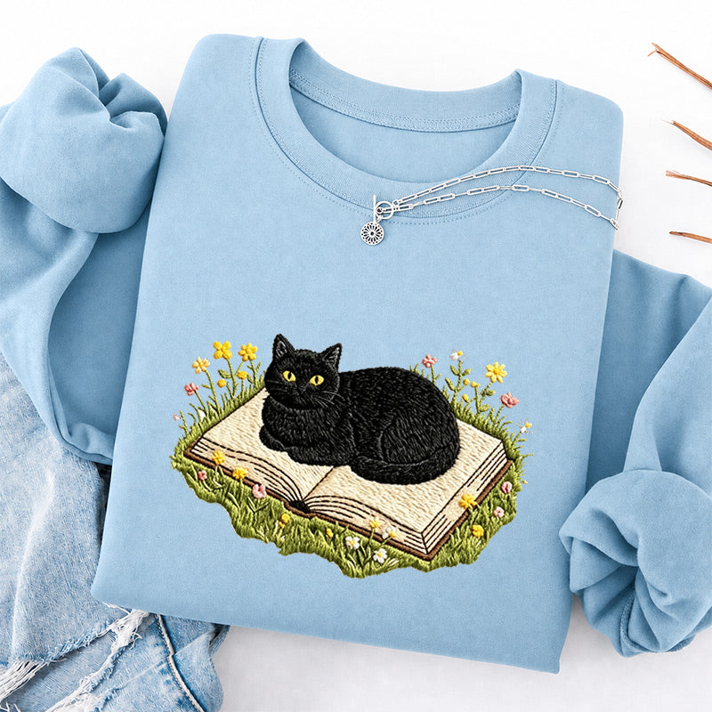 Embroidered Black Cat Book Classic Crewneck Sweatshirt