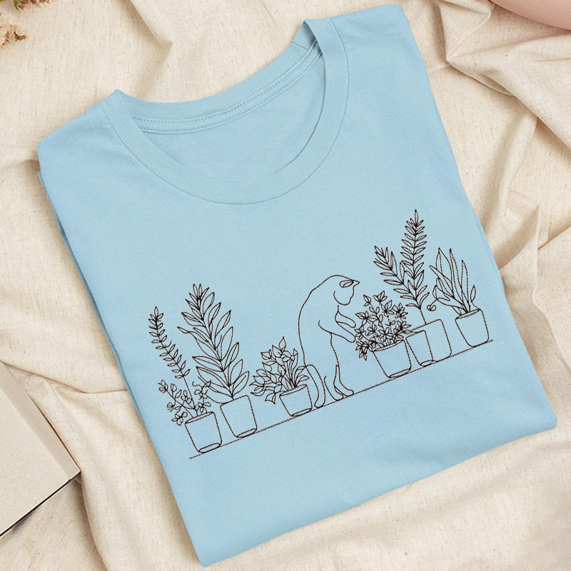 Embroidered Cat and Plant Lover Classic Adult Unisex Crew Neck T-Shirt