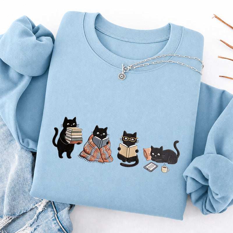 Embroidered Bookish Black Cats Classic Crewneck Sweatshirt