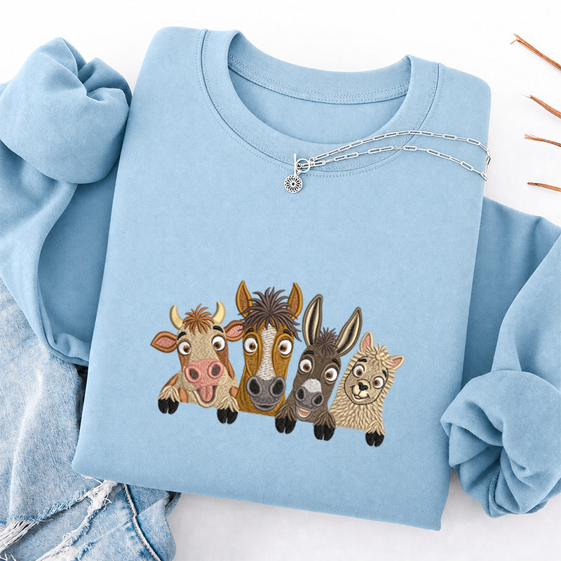 Embroidered Peeking Farm Animals Classic Crewneck Sweatshirt