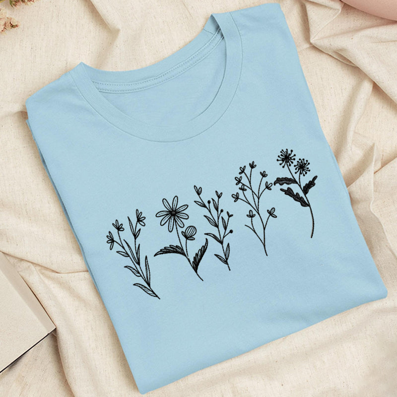 Embroidered Flower Lines Classic Adult Unisex Crew Neck T-Shirt