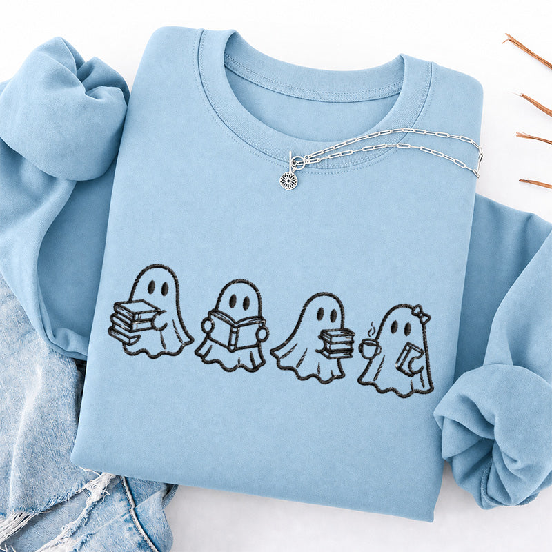 Embroidered Ghost Reading Books Classic Crewneck Sweatshirt