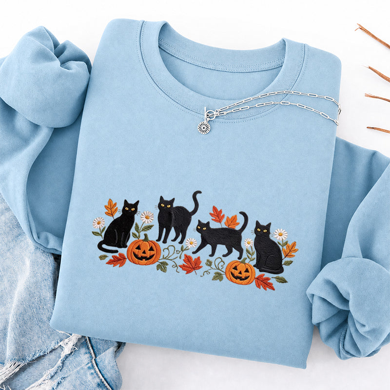 Embroidered Halloween Black Cat Pumpkins Classic Crewneck Sweatshirt