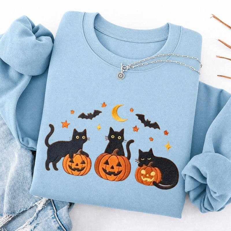 Embroidered Black Cats and Pumpkin Halloween Classic Crewneck Sweatshirts