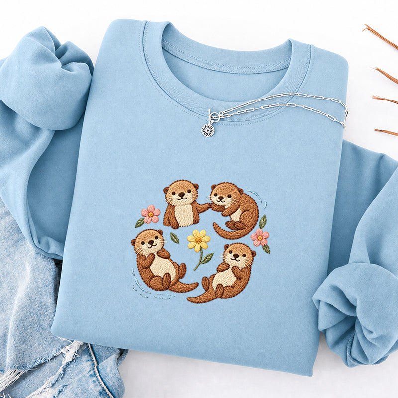 Embroidered Sea Otters And Flowers Classic Crewneck Sweatshirt