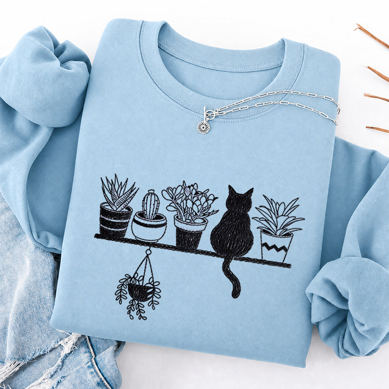 Embroidered Cats And Plants Classic Crewneck Sweatshirt