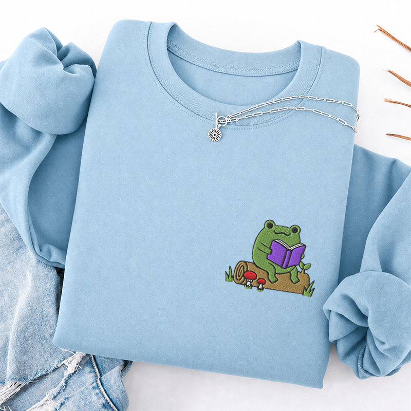 Embroidered Cute Reading Frog Classic Crewneck Sweatshirt
