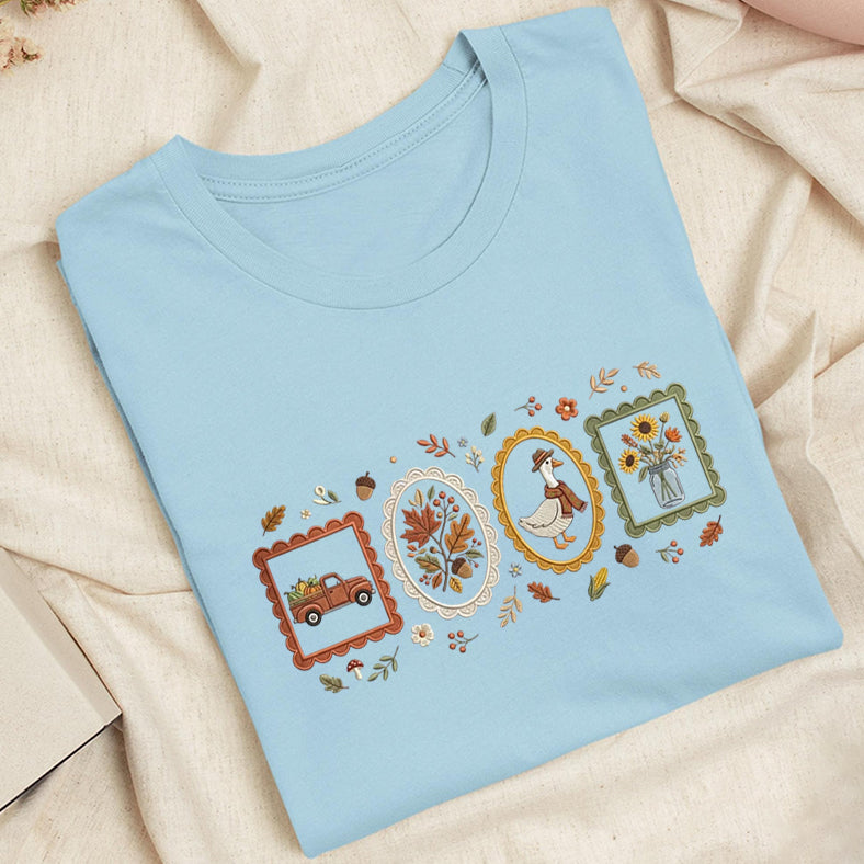 Embroidered Autumn Postcards Classic Adult Unisex Crew Neck T-Shirt