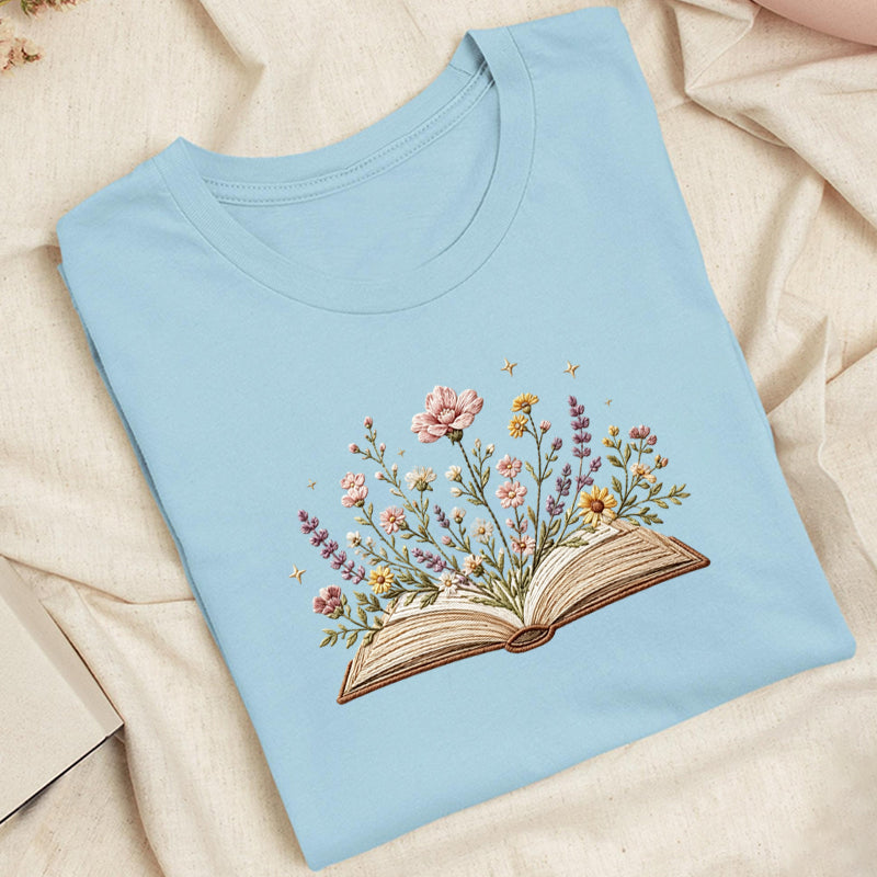 Embroidered Floral Book Classic Adult Unisex Crew Neck T-Shirt