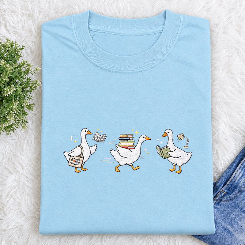 Embroidered Goose Reading Books Classic Crew Neck T-Shirt