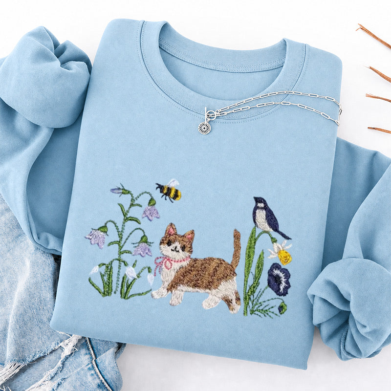 Embroidered Cat Wildflower Classic Crewneck Sweatshirt