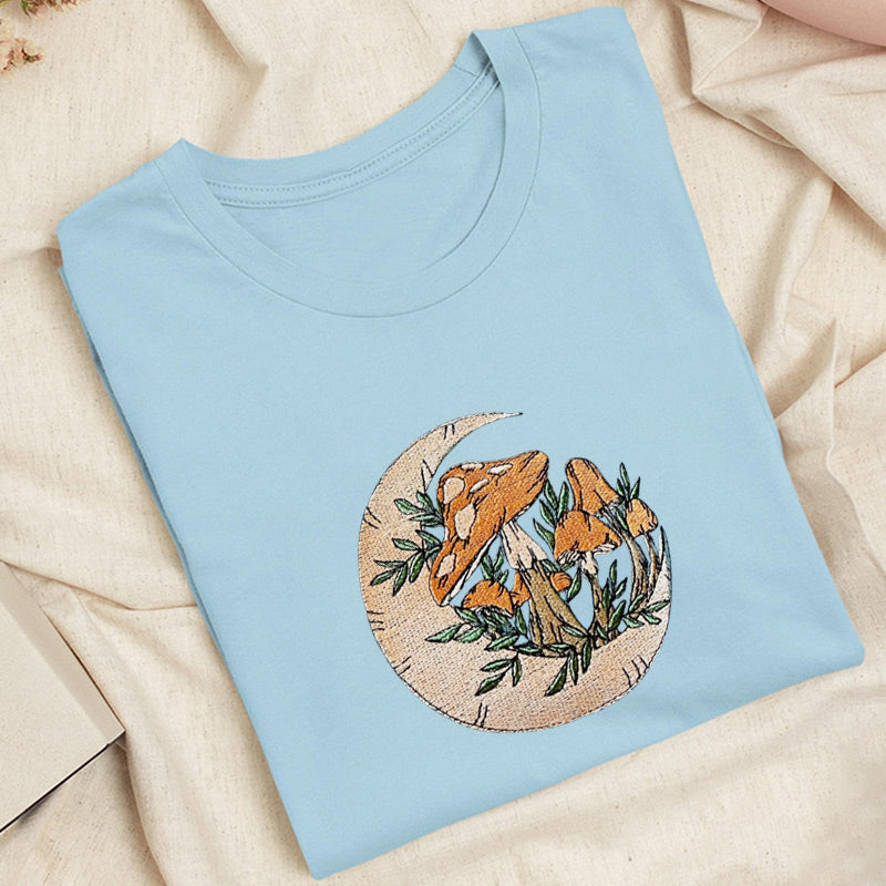 Embroidered Mushroom Moon Classic Adult Unisex Crew Neck T-Shirt