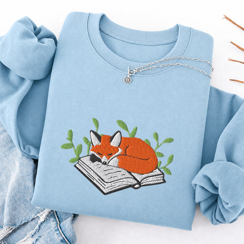Embroidered Sleeping Fox On The Book Classic Crewneck Sweatshirt