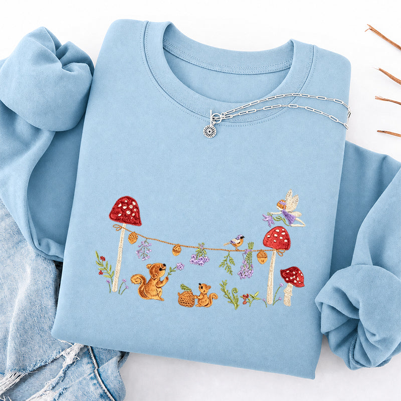 Embroidered Squirrel Woodland Fairy Tale Classic Crewneck Sweatshirt