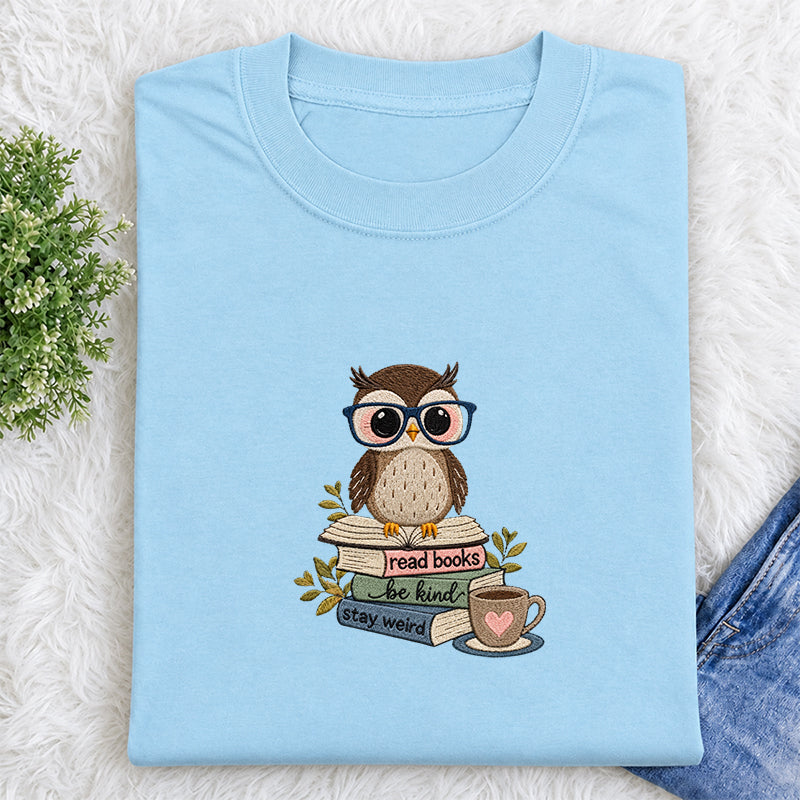 Embroidered Read Books Be Kind Owl Classic Crew Neck T-Shirt