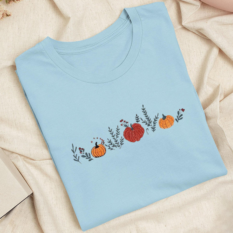 Embroidered Fall Enchanted Pumpkins Classic Adult Unisex Crew Neck T-Shirt
