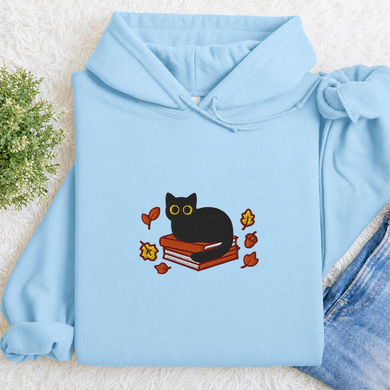 Embroidered Autumn Black Cat Book Classic Adult Unisex Hoodie