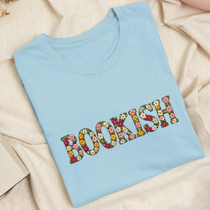 Embroidered Floral Bookish Classic Adult Unisex Crew Neck T-Shirt