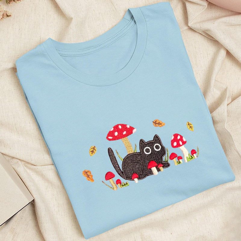 Embroidered Mushroom Cat Classic Adult Unisex Crew Neck T-Shirt
