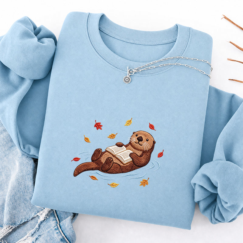 Embroidered Otter Reading Book Classic Crewneck Sweatshirt