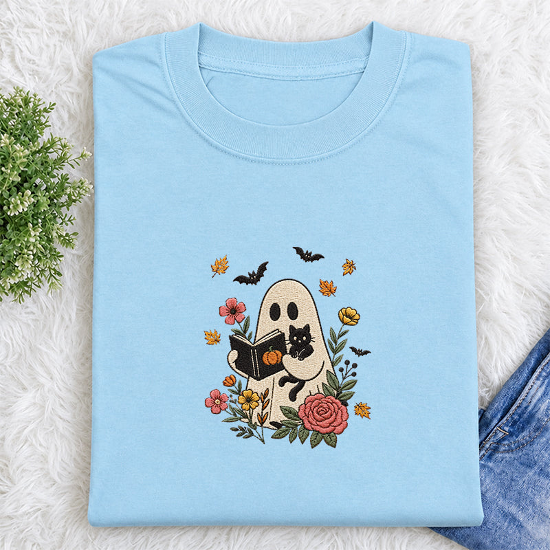 Embroidered Floral Ghost Reading Classic Crew Neck T-Shirt