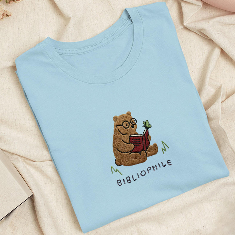 Embroidered Reading Bear Classic Adult Unisex Crew Neck T-Shirt