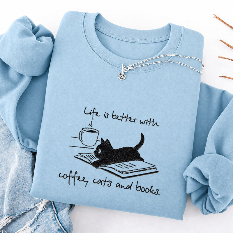Embroidered Life Is Better With Coffee Book Cat Classic Crewneck Sweatshirt