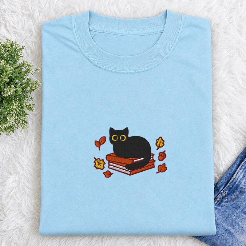 Embroidered Autumn Black Cat Book Classic Crew Neck T-Shirt