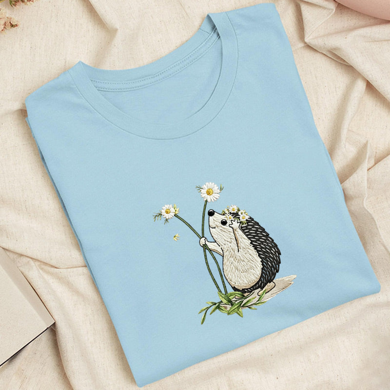Embroidered Hedgehog Daisy Classic Adult Unisex Crew Neck T-Shirt