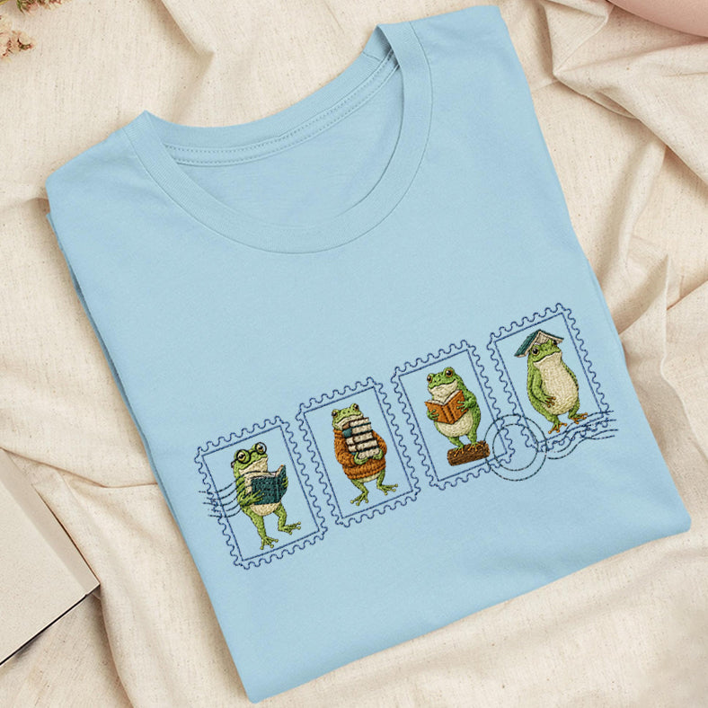 Embroidered Bookish Frog Stamp Classic Adult Unisex Crew Neck T-Shirt